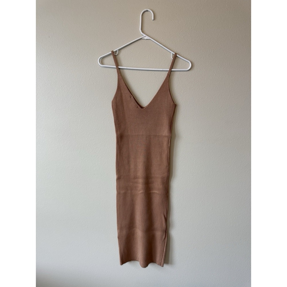 Forever 21 Women Tan Ribbed Knit V-Neck Spaghetti Strap Midi Bodycon Dress Small